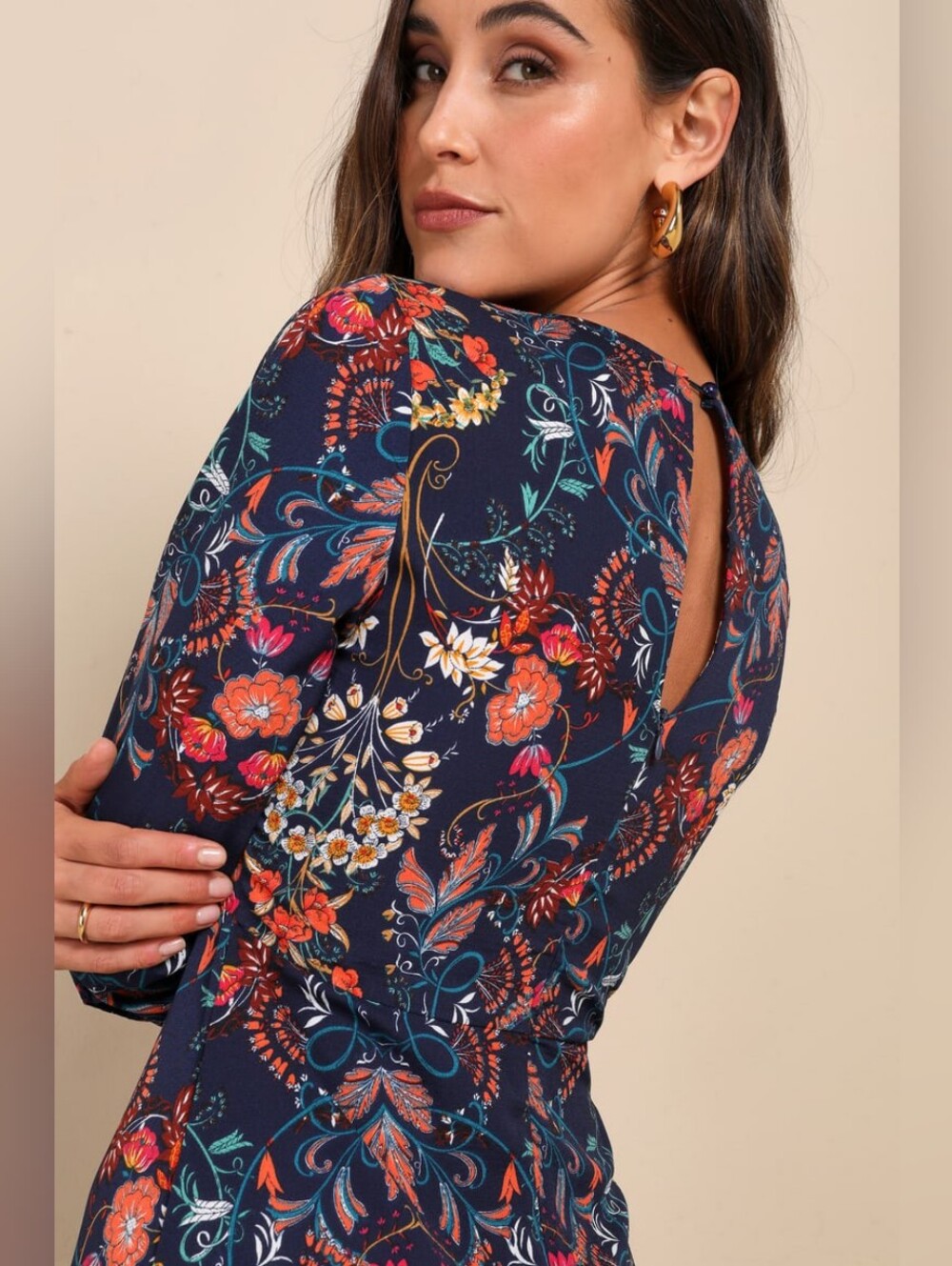 EUC•I. Madeline Garden Splendor Navy Blue FloralPrint Long Balloon Sleeve Midi•M